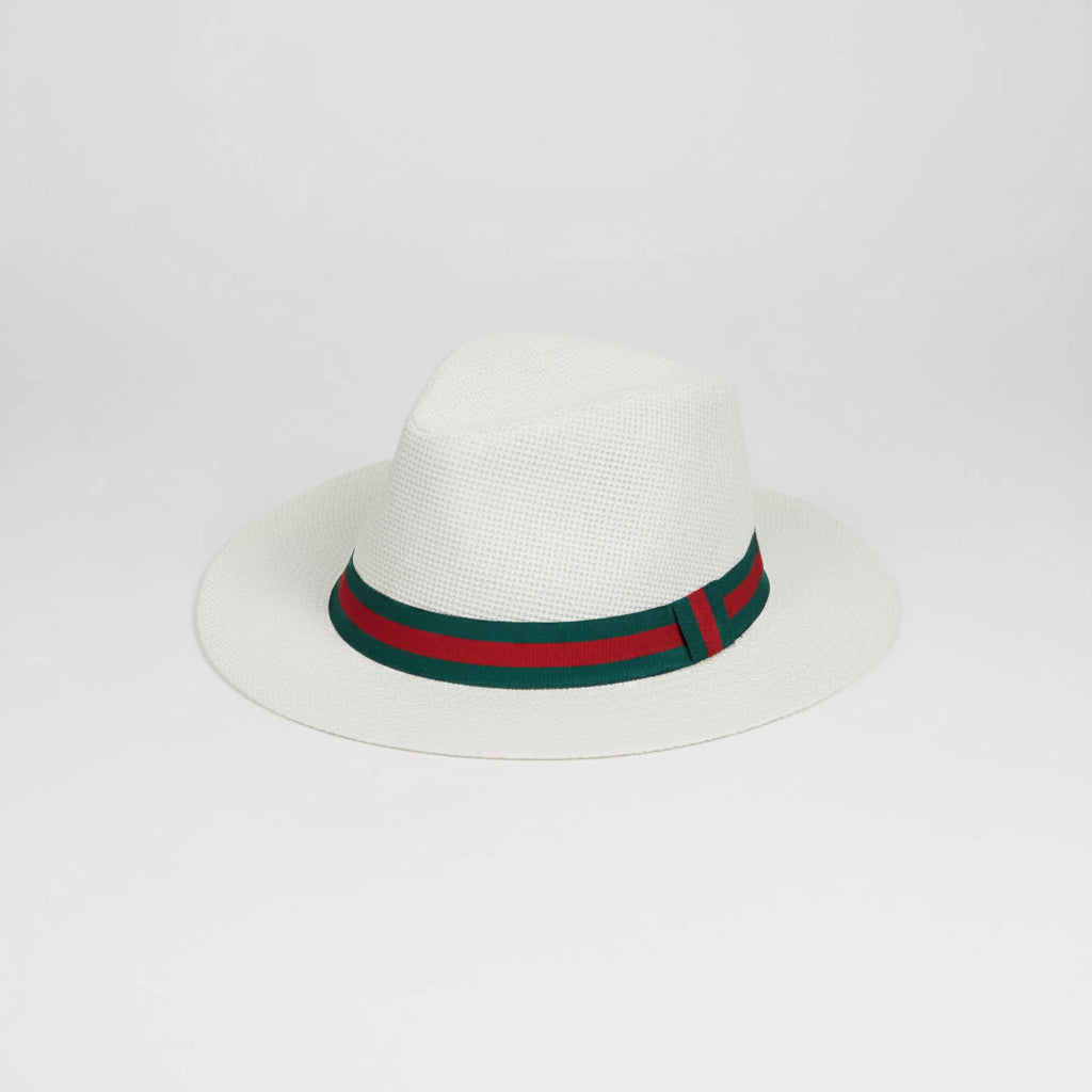 Cream Panama Hat with Green & Red Band – "Cream woven Panama style sun hat with green and red striped ribbon band"