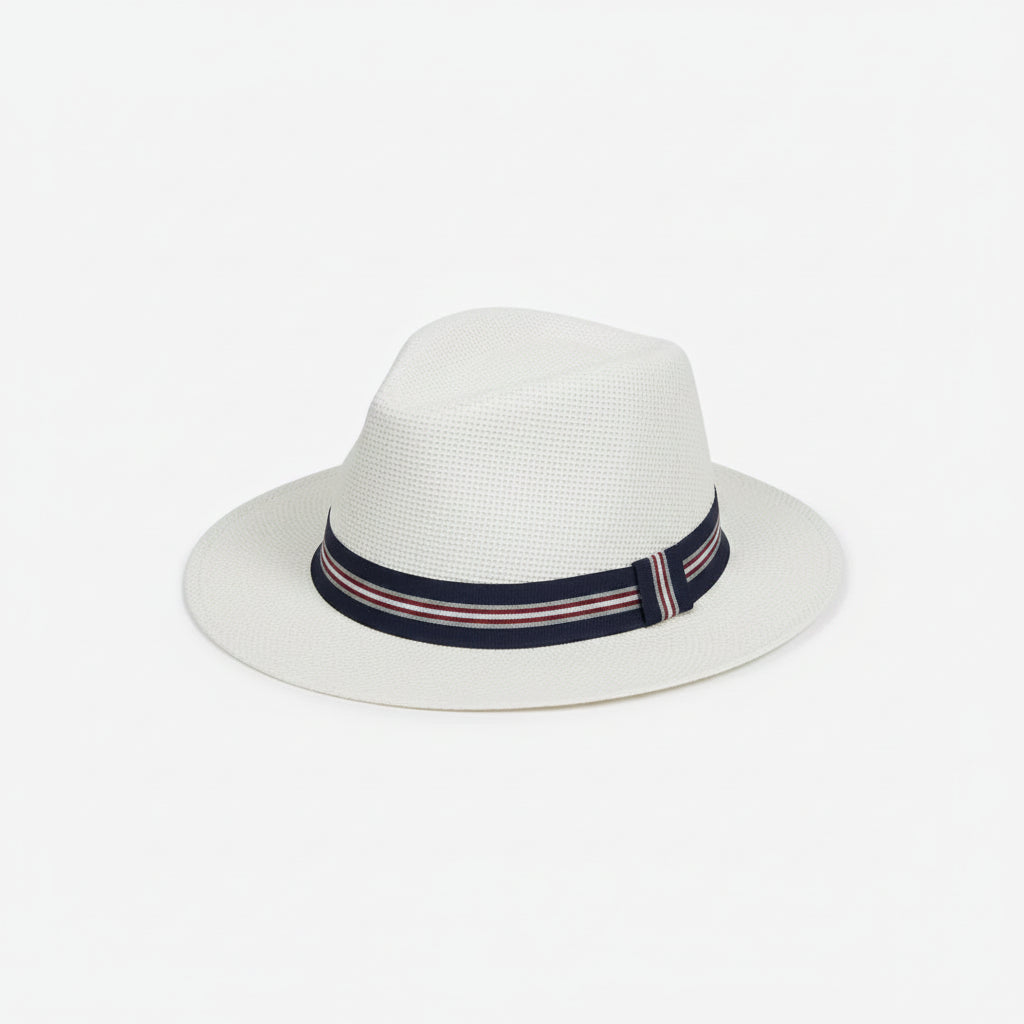 Cream Panama Hat with Navy Stripe Band – "Cream woven Panama style sun hat with navy, red and white striped ribbon band"