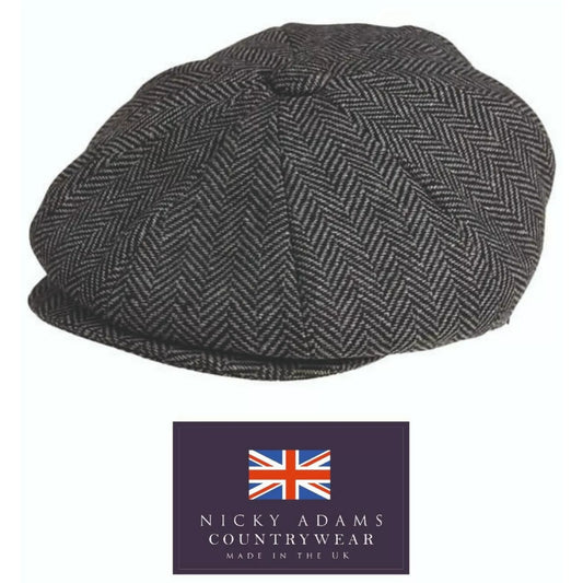 Nicky Adams herringbone baker boy cap Peaky Blinders style flat newsboy hat made in UK