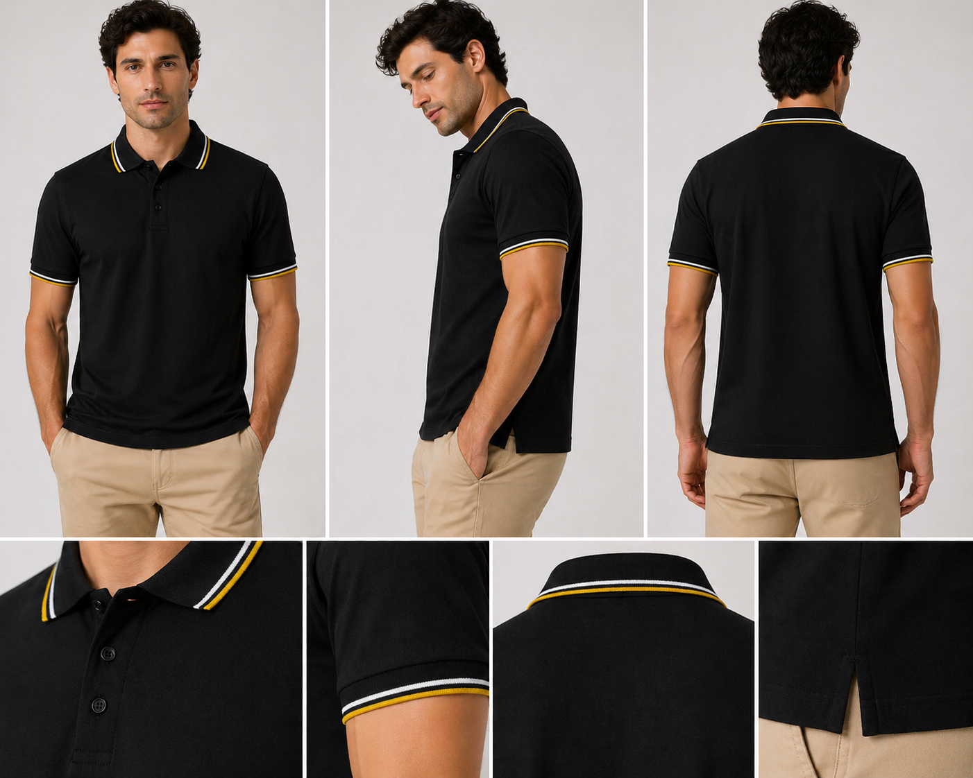 Black polo shirt with yellow and white striped collar detail