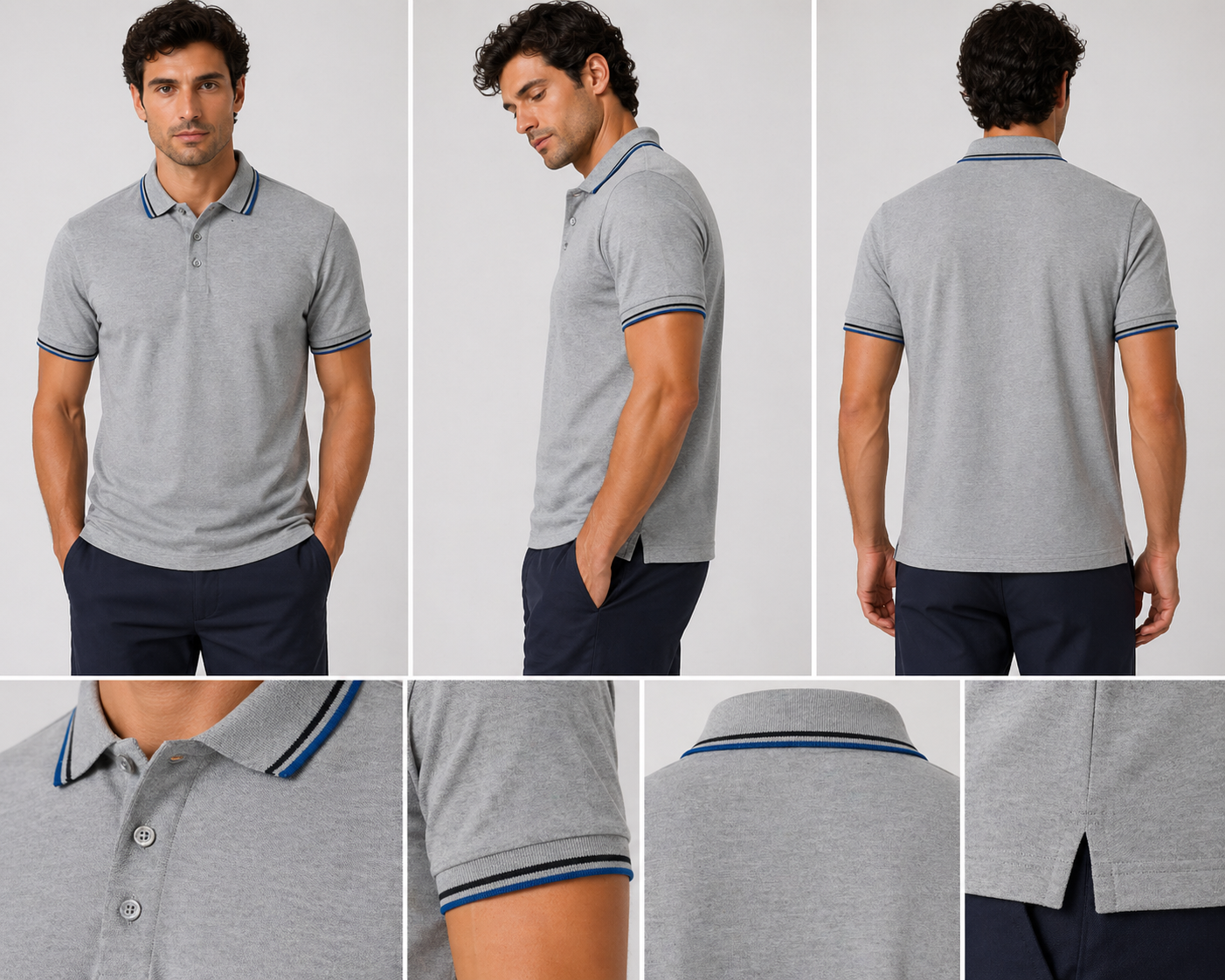 Grey polo shirt with blue stripe collar and sleeve detail