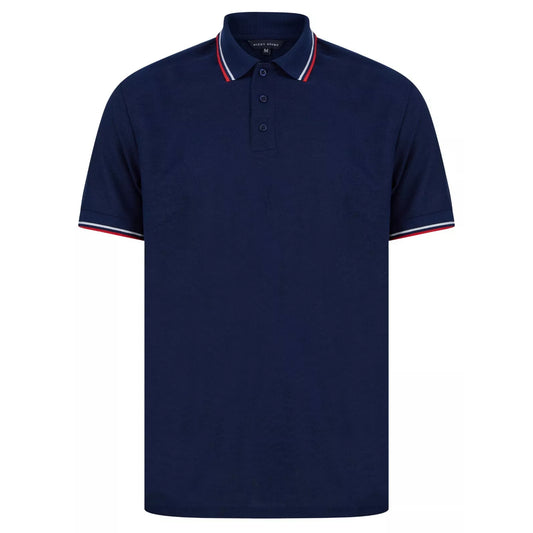 Men's navy Nicky Adams polo shirt with tipped collar and sleeves – classic short sleeve branded smart casual top