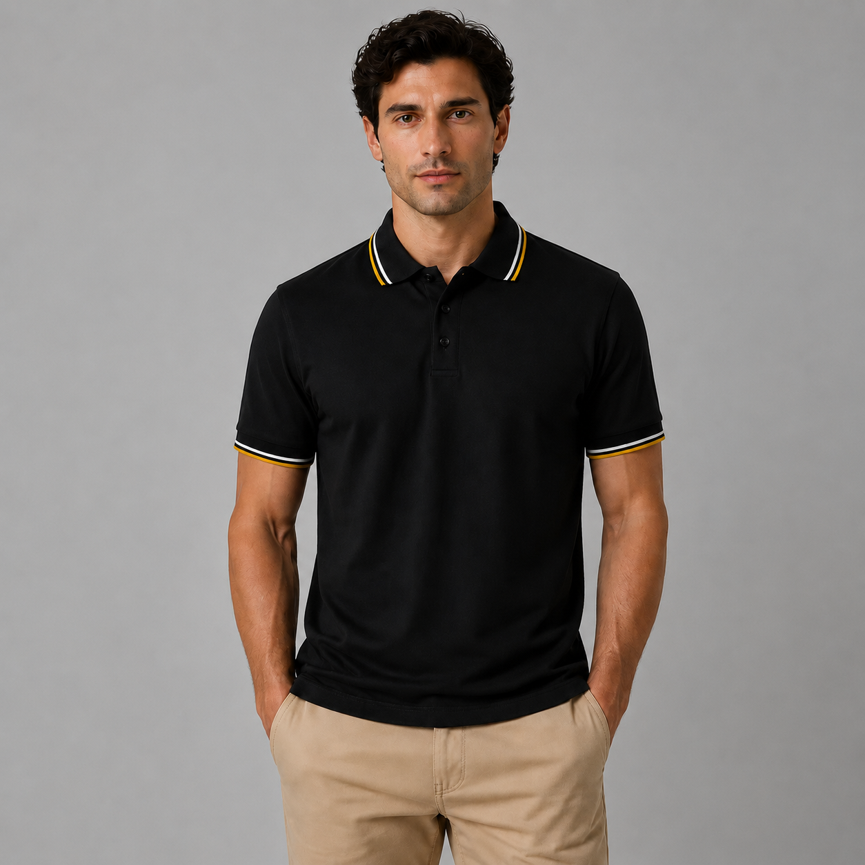 Black polo shirt with yellow and white striped collar detail