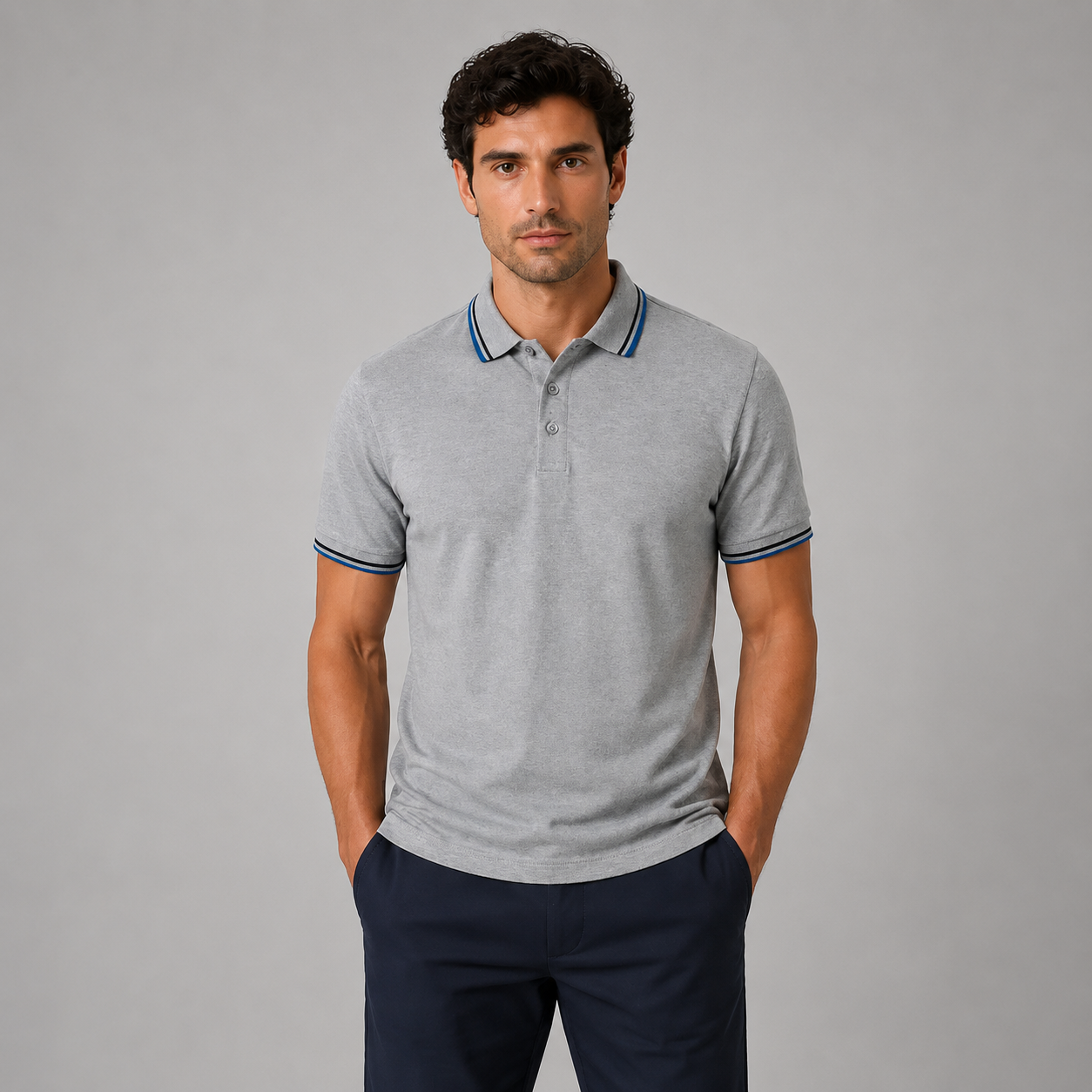 Grey polo shirt with blue stripe collar and sleeve detail