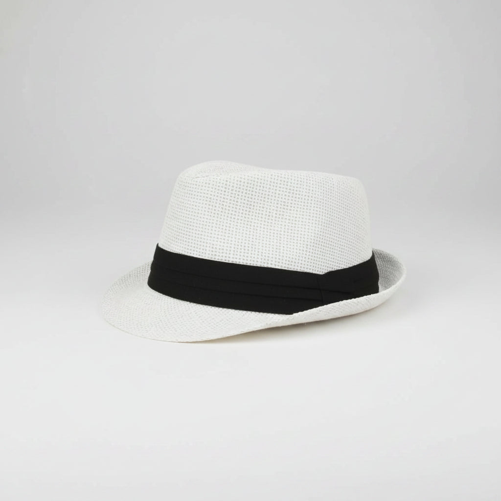 Black Band: White woven fedora hat with black band – lightweight summer trilby style