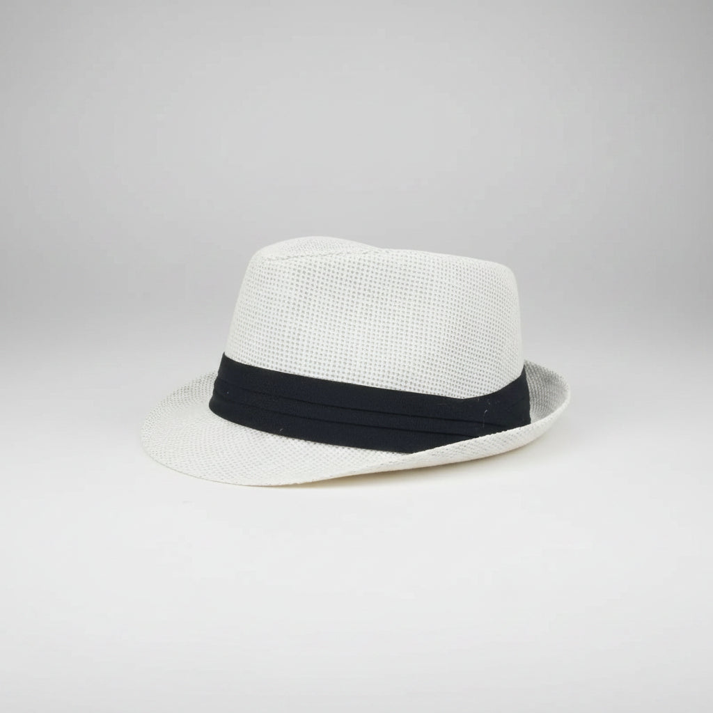 Navy Band: White woven fedora hat with navy band – classic lightweight trilby