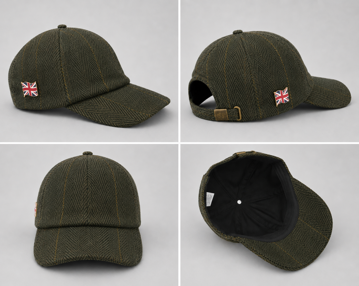 Premium tweed baseball cap featuring a classic herringbone design, adjustable fit, and timeless British country style. Perfect for everyday wear and outdoor occasions.