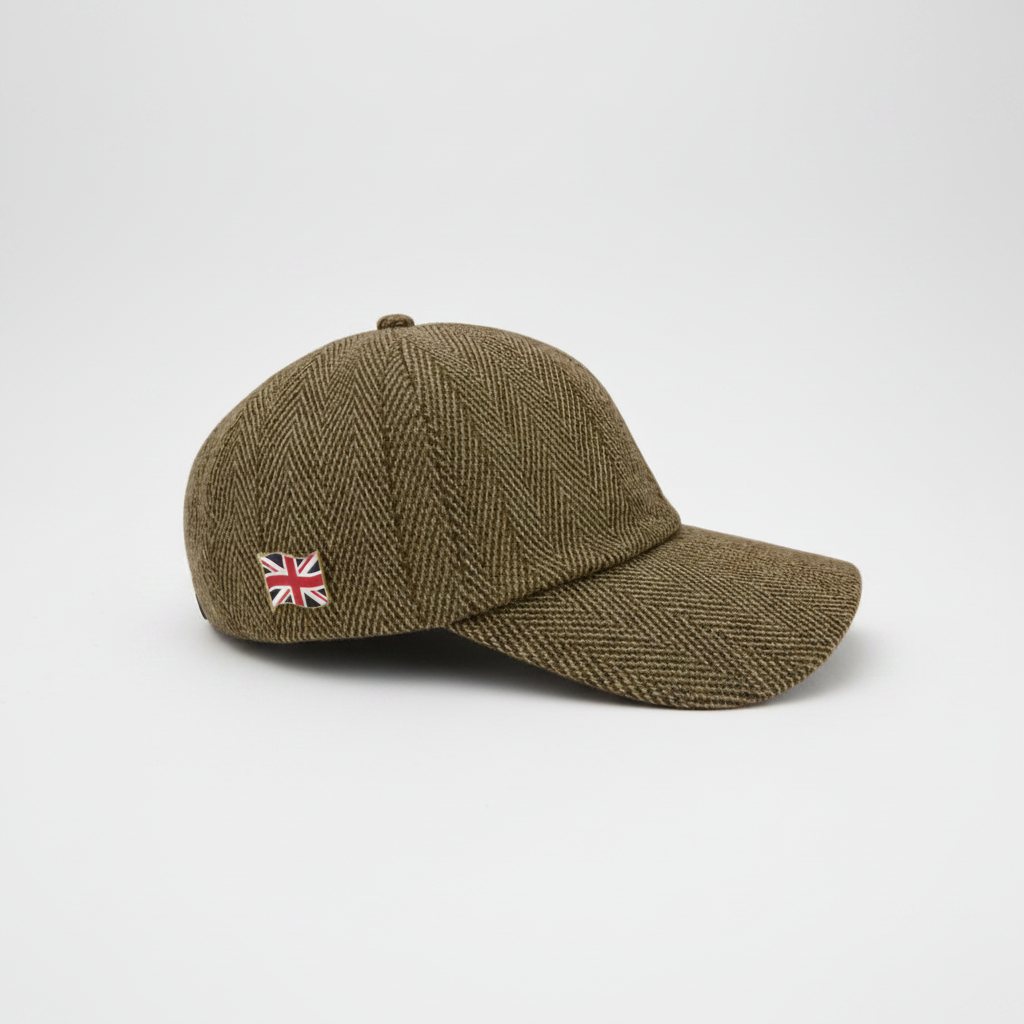Premium tweed baseball cap featuring a classic herringbone design, adjustable fit, and timeless British country style. Perfect for everyday wear and outdoor occasions.