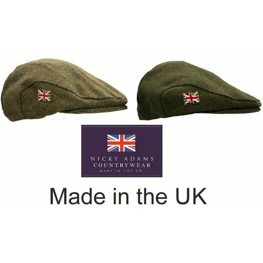 Men's Nicky Adams waterproof tweed flat cap in green with Union Jack pin badge, traditional British country style hat