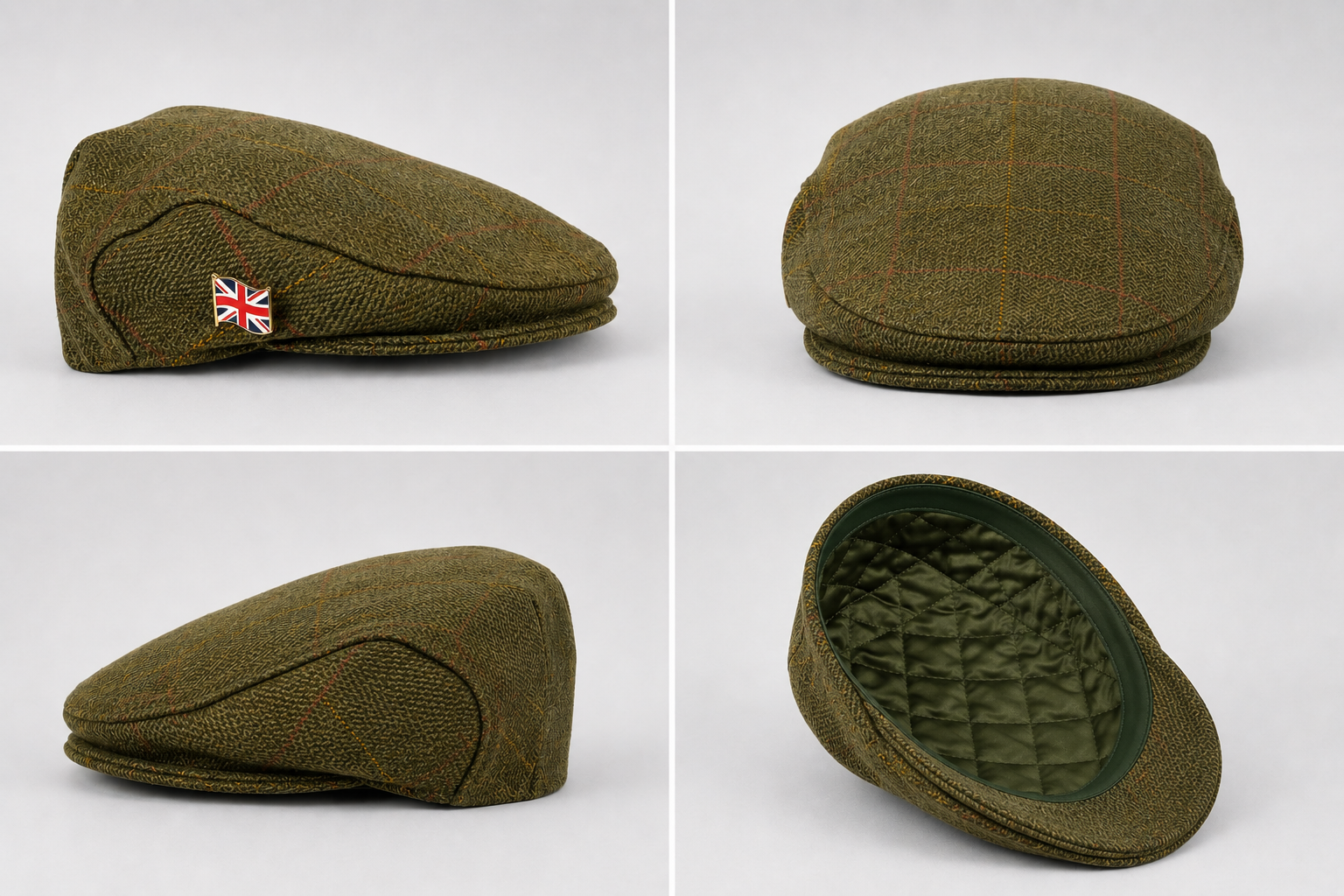 Dark sage tweed flat cap with classic herringbone pattern, subtle overcheck detailing, quilted lining, and Union Jack pin on a light grey studio background. Ideal for men’s countrywear, smart casual fashion, and traditional British style.