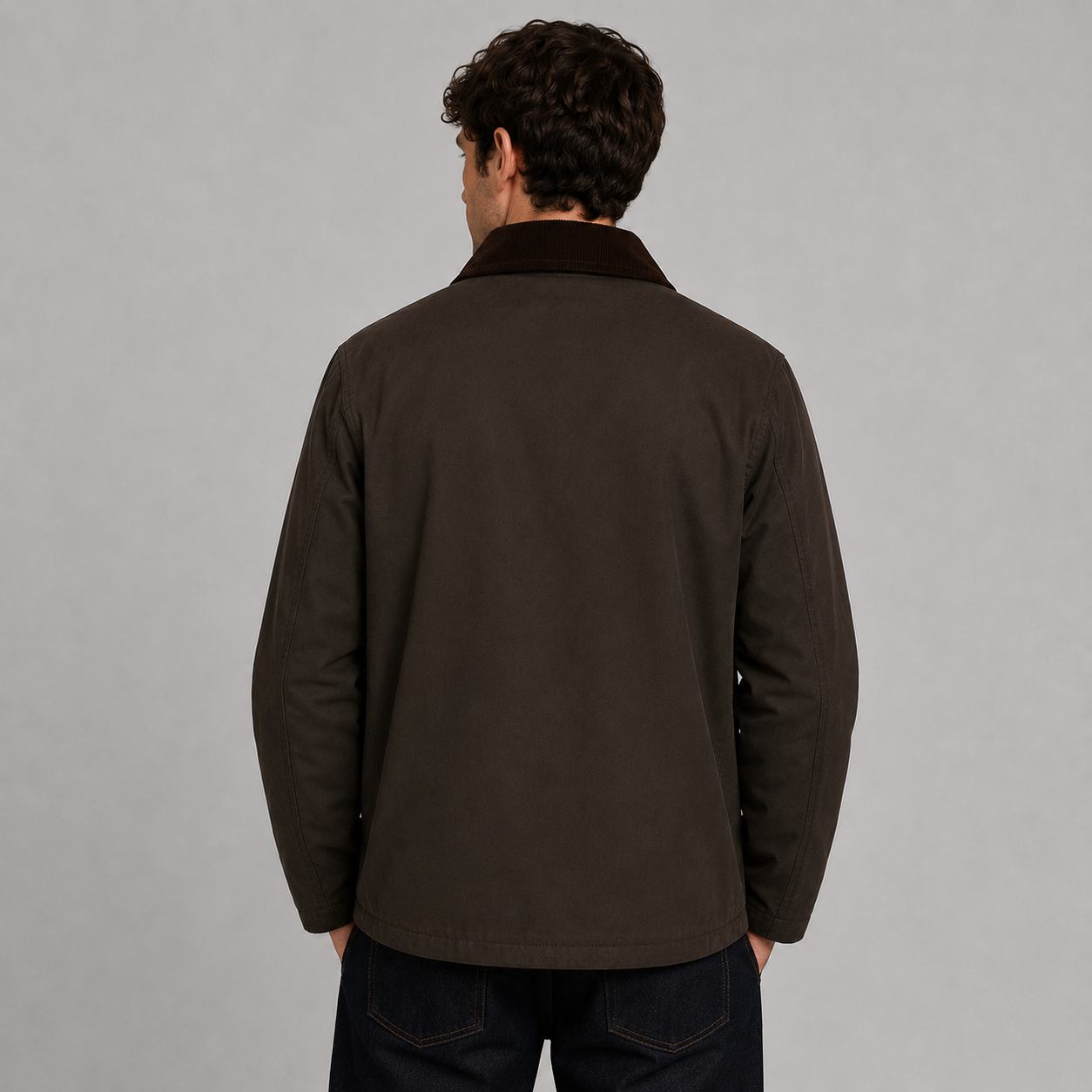 Men’s 100% waterproof unpadded wax jacket by Nicky Adams, featuring lightweight all-season protection, heritage-inspired styling, utility pockets, and a classic cord collar. Styled on a male model against a clean studio background, this versatile waxed jacket is ideal for smart casual, outdoor, and everyday wear.