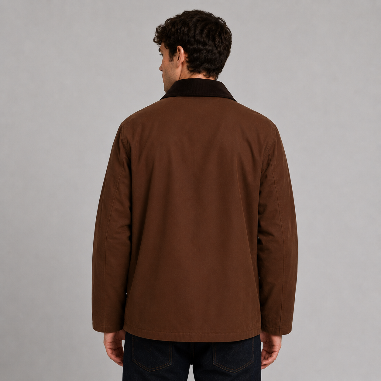 Men’s 100% waterproof unpadded wax jacket by Nicky Adams, featuring lightweight all-season protection, heritage-inspired styling, utility pockets, and a classic cord collar. Styled on a male model against a clean studio background, this versatile waxed jacket is ideal for smart casual, outdoor, and everyday wear.