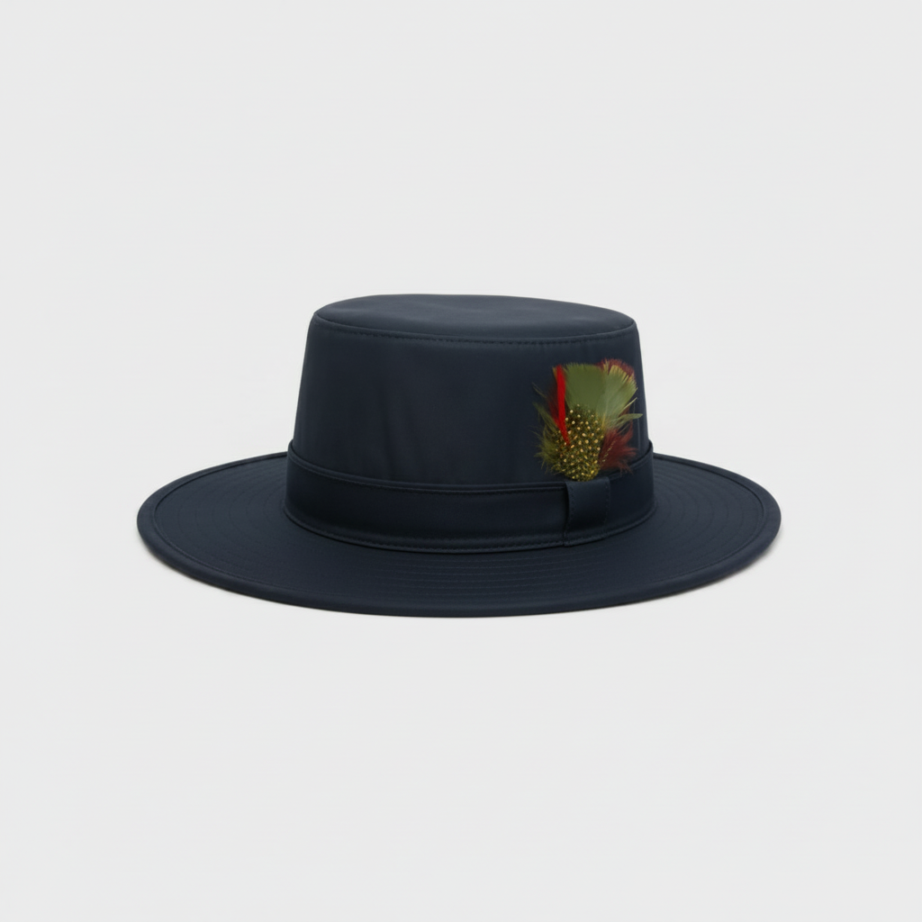 “Navy blue wide-brim waterproof hat with flat crown, feather trim, and structured brim displayed on a white background.”