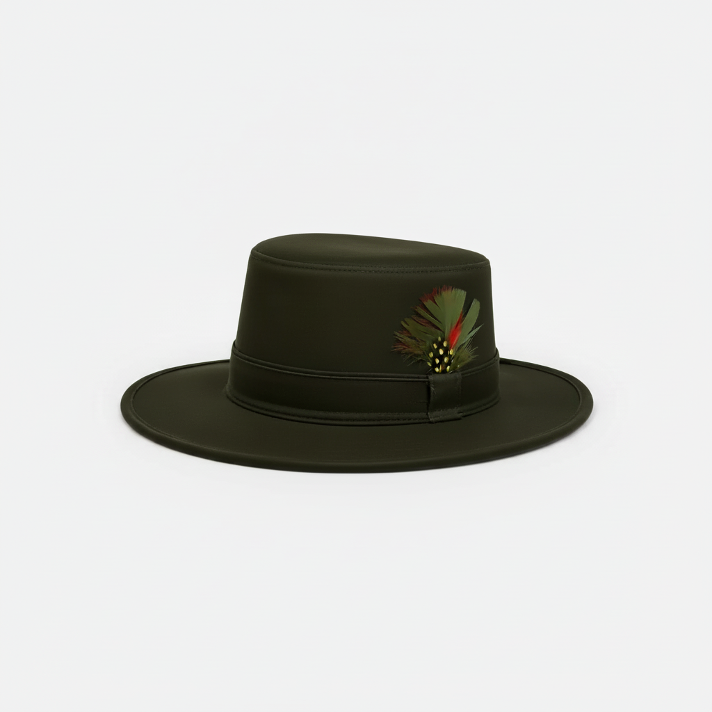 Olive blue wide-brim waterproof hat with flat crown, feather trim, and structured brim displayed on a white background.