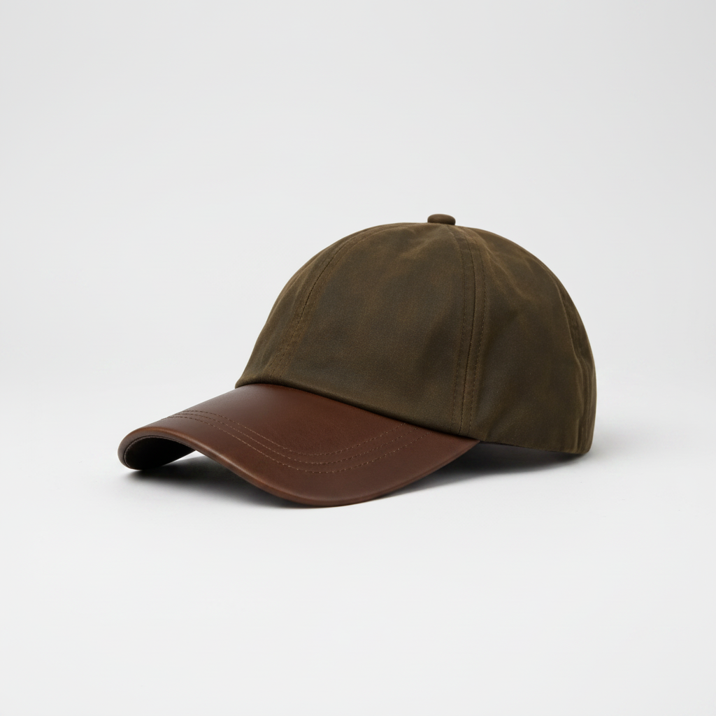 Premium waxed cotton baseball cap with leather-look curved peak, adjustable strap, and timeless country styling. Durable, comfortable, and perfect for everyday outdoor wear.