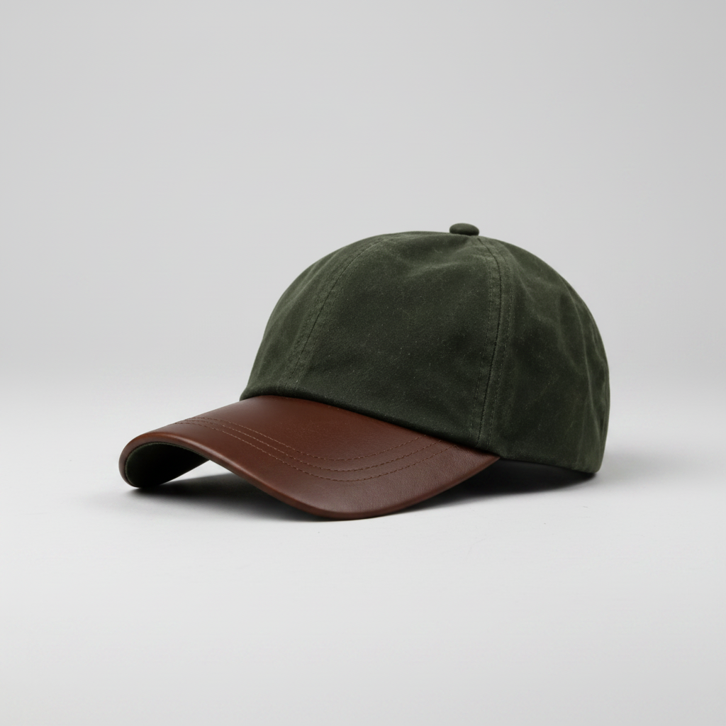 Premium waxed cotton baseball cap with leather-look curved peak, adjustable strap, and timeless country styling. Durable, comfortable, and perfect for everyday outdoor wear.