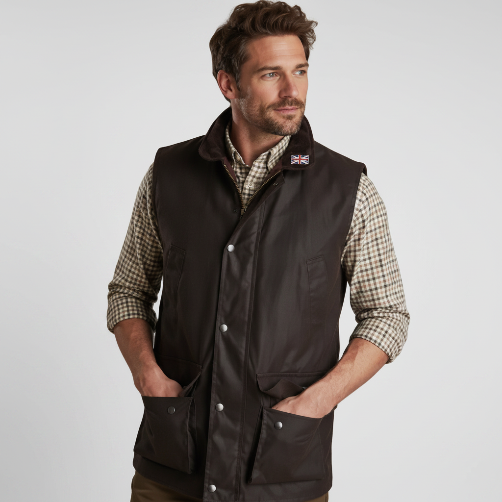 Shop the Nicky Adams Men’s Wax Waistcoat, a classic country gilet with durable waxed cotton, corduroy collar, tartan lining, and practical pockets. Ideal for outdoor wear, shooting, farming, and country walks.
