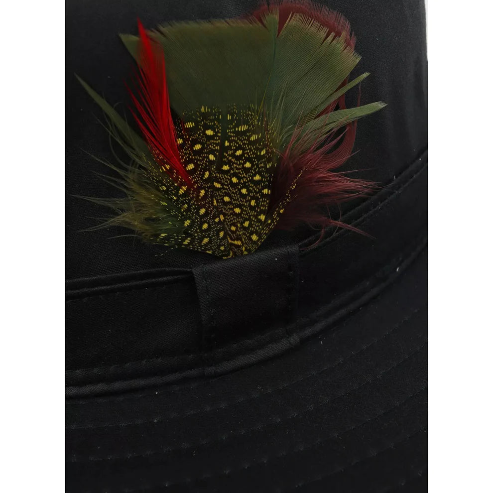 “Navy blue wide-brim waterproof hat with flat crown, feather trim, and structured brim displayed on a white background.”