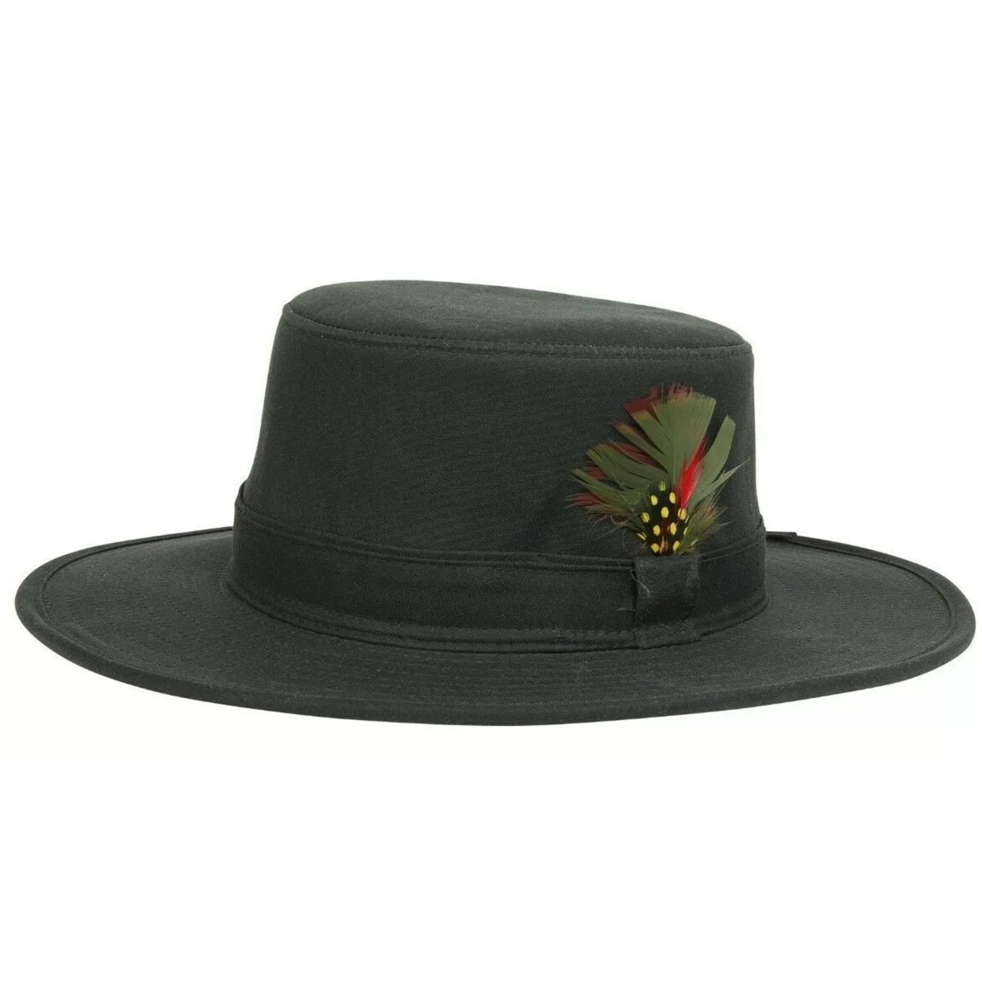 Nicky Adams 100% waterproof wax hat in olive green with wide brim and decorative feather – unisex country-style outdoor headwear