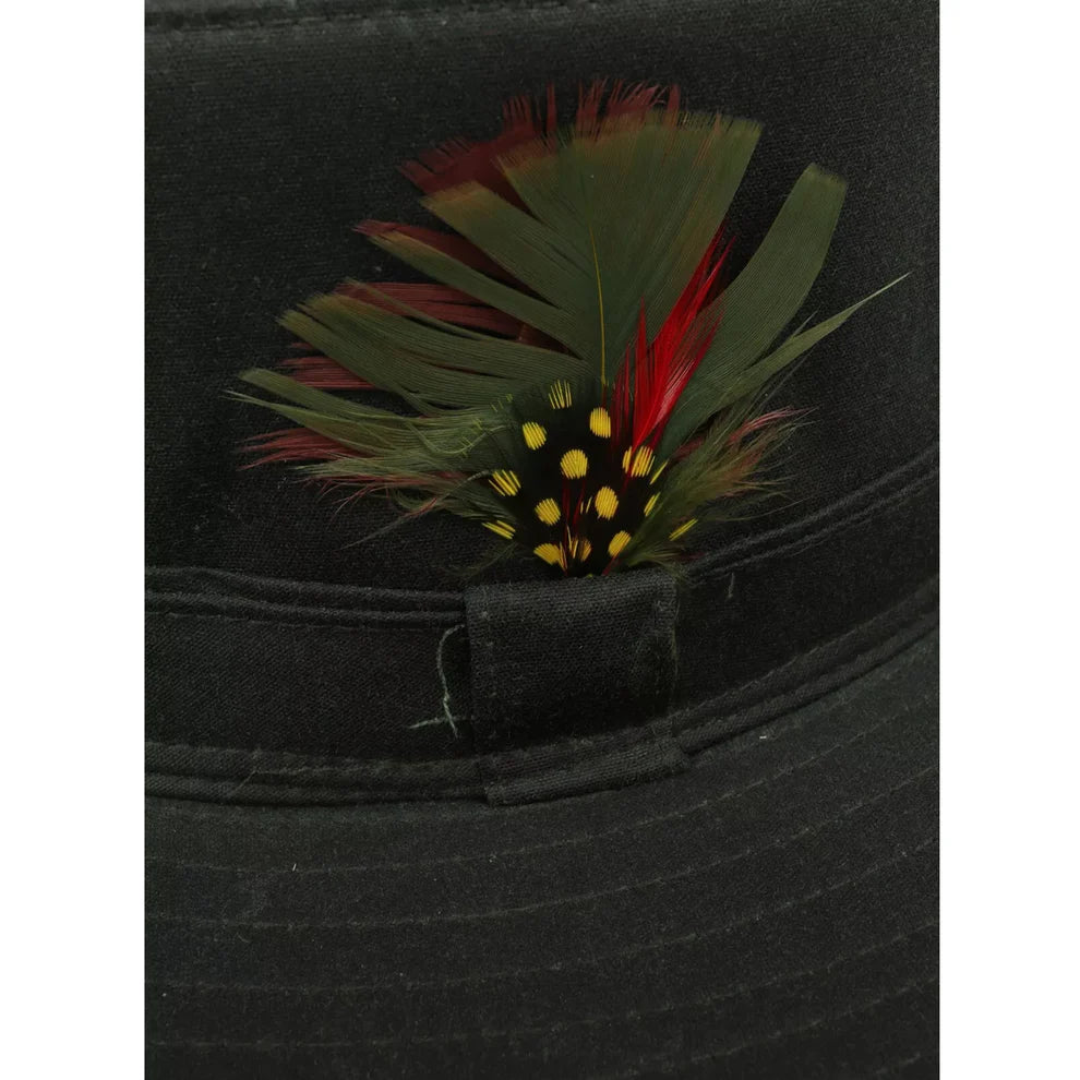 Dark brown wide-brim waterproof hat with flat crown, feather accent, and stitched detailing on a white background.