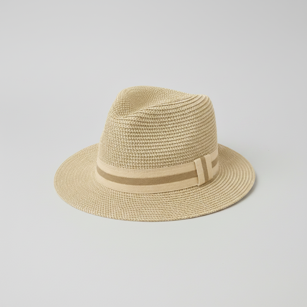 Nicky Adams high quality woven fedora sun hat with beige ribbon band, one size magic stretch fit.
