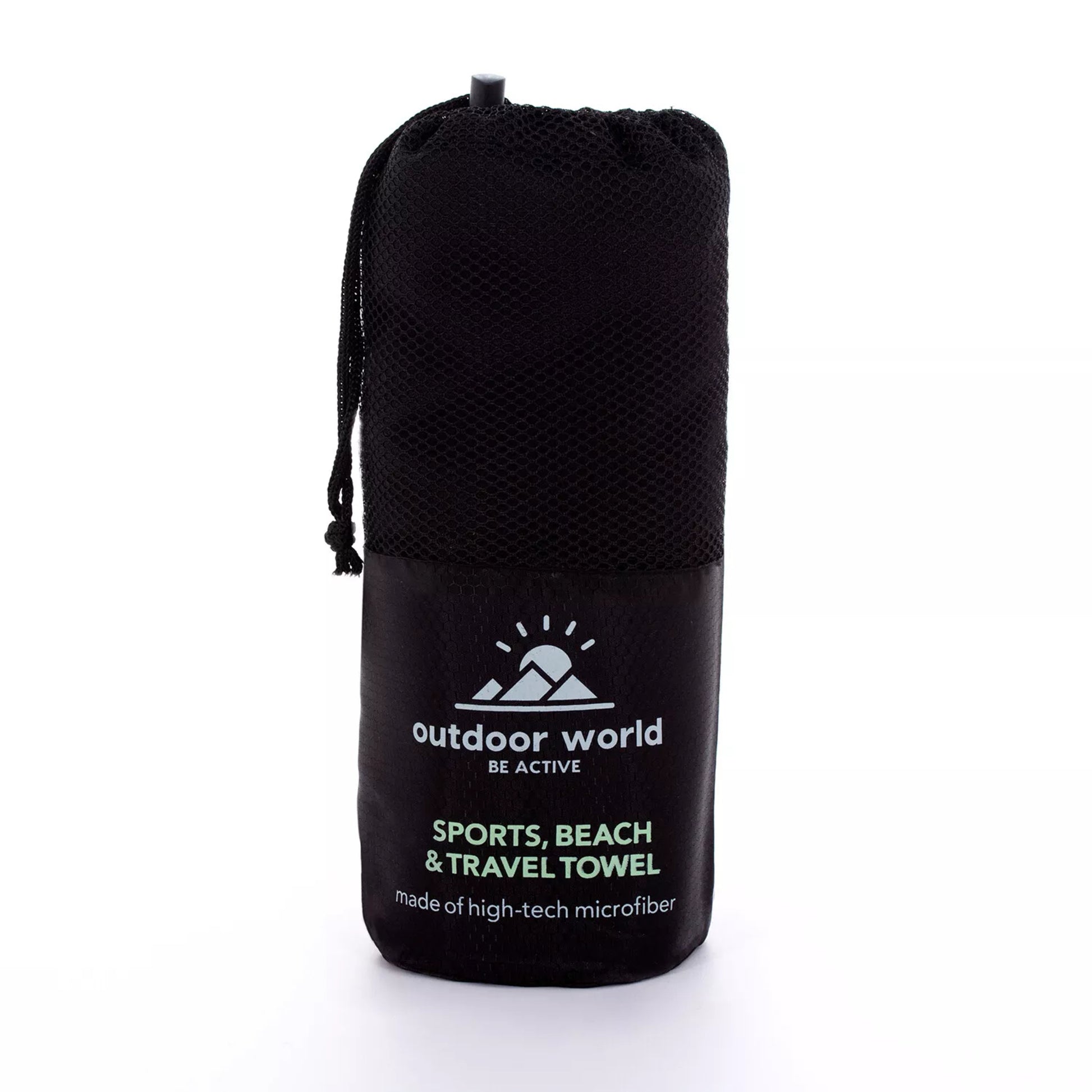 Black microfibre fast drying towel set with carry bag, lightweight and compact sports, beach and travel towels in multiple sizes from hand towel to extra large