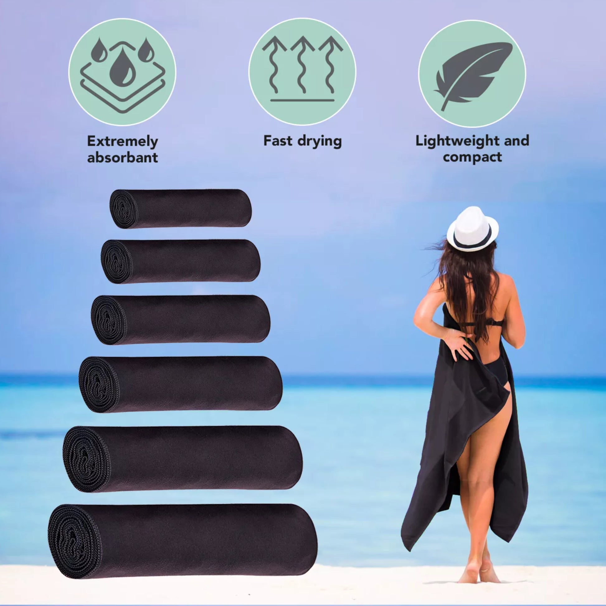 Black microfibre fast drying towel set with carry bag, lightweight and compact sports, beach and travel towels in multiple sizes from hand towel to extra large
