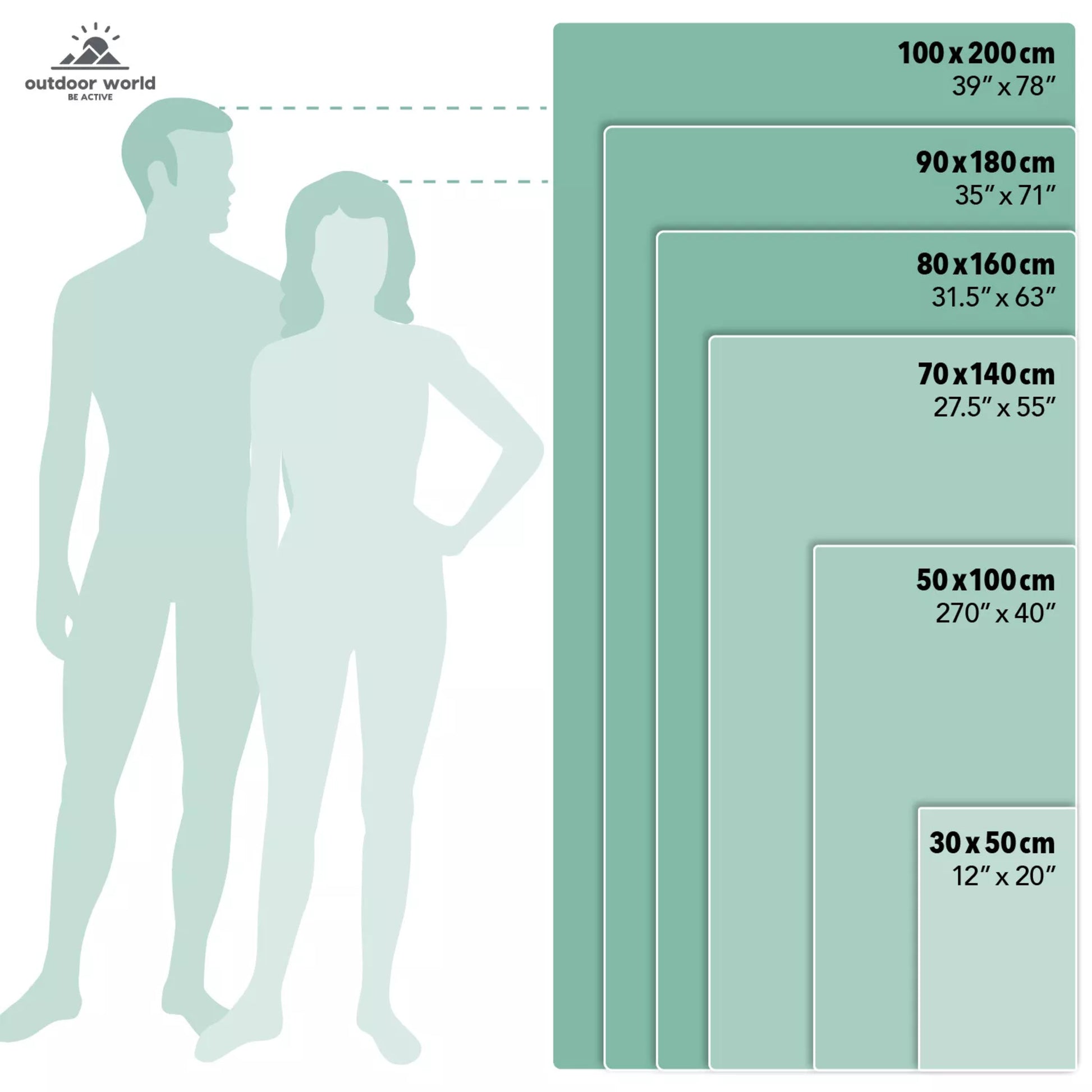 Microfibre fast drying towel size chart showing dimensions from 30x50 cm hand towel to 100x200 cm extra large beach towel