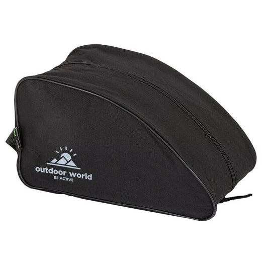 Outdoor World branded waterproof boot bag in black with 2-way zip, strong carry handle, and durable 600D fabric – ideal for hiking, sports, and travel