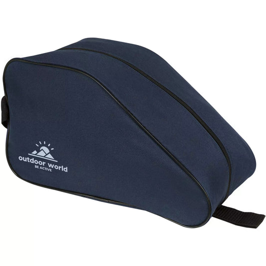 Outdoor World branded waterproof boot bag in navy with 2-way zip, strong carry handle, and durable 600D fabric – ideal for hiking, sports, and travel