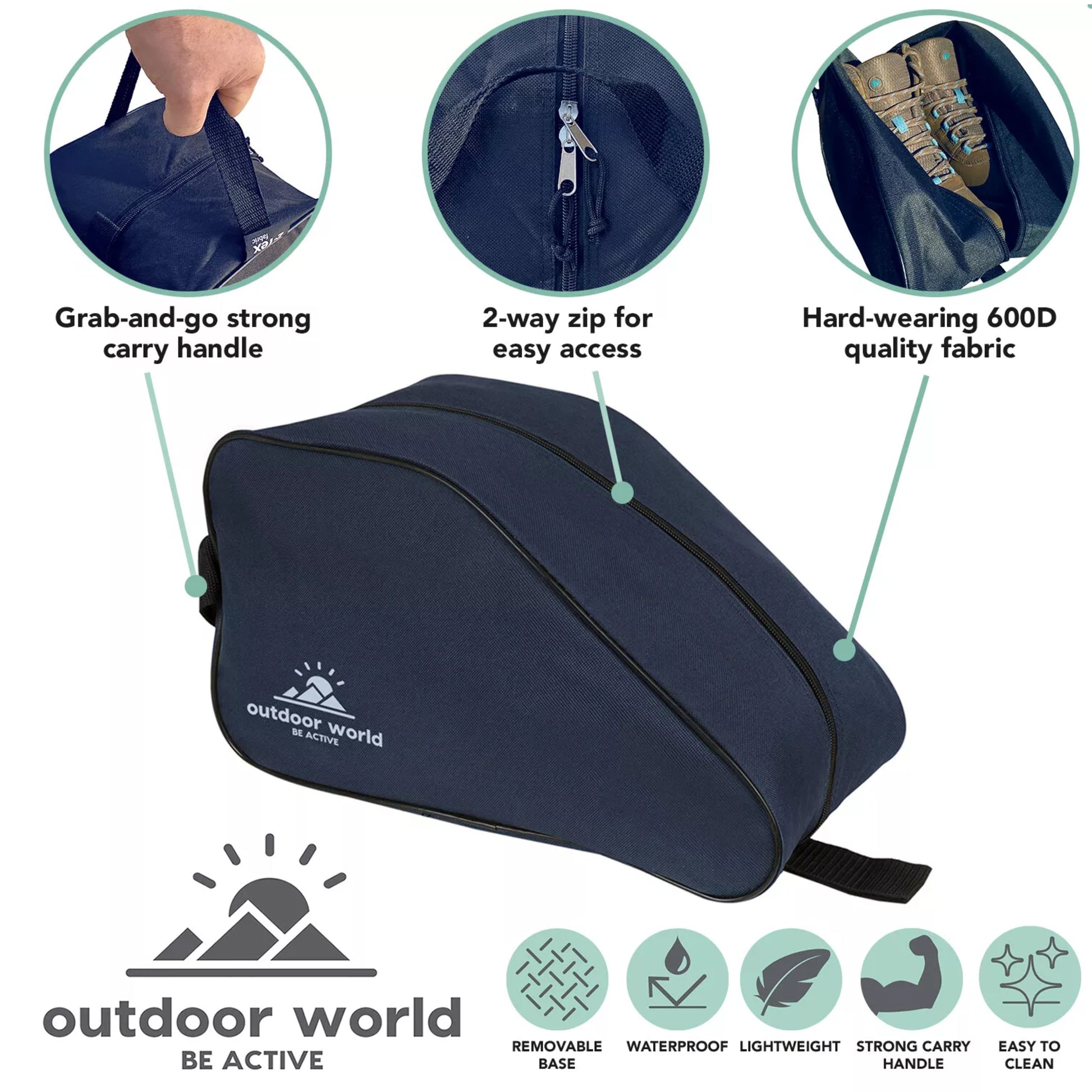 Outdoor World branded waterproof boot bag in navy with 2-way zip, strong carry handle, and durable 600D fabric – ideal for hiking, sports, and travel