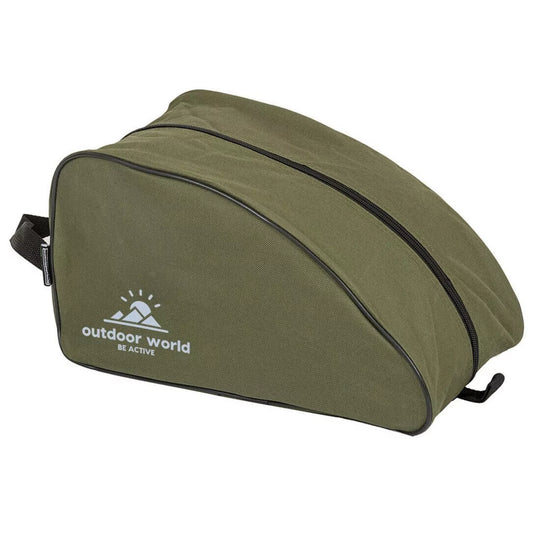 Outdoor World branded waterproof boot bag in olive with 2-way zip, strong carry handle, and durable 600D fabric – ideal for hiking, sports, and travel