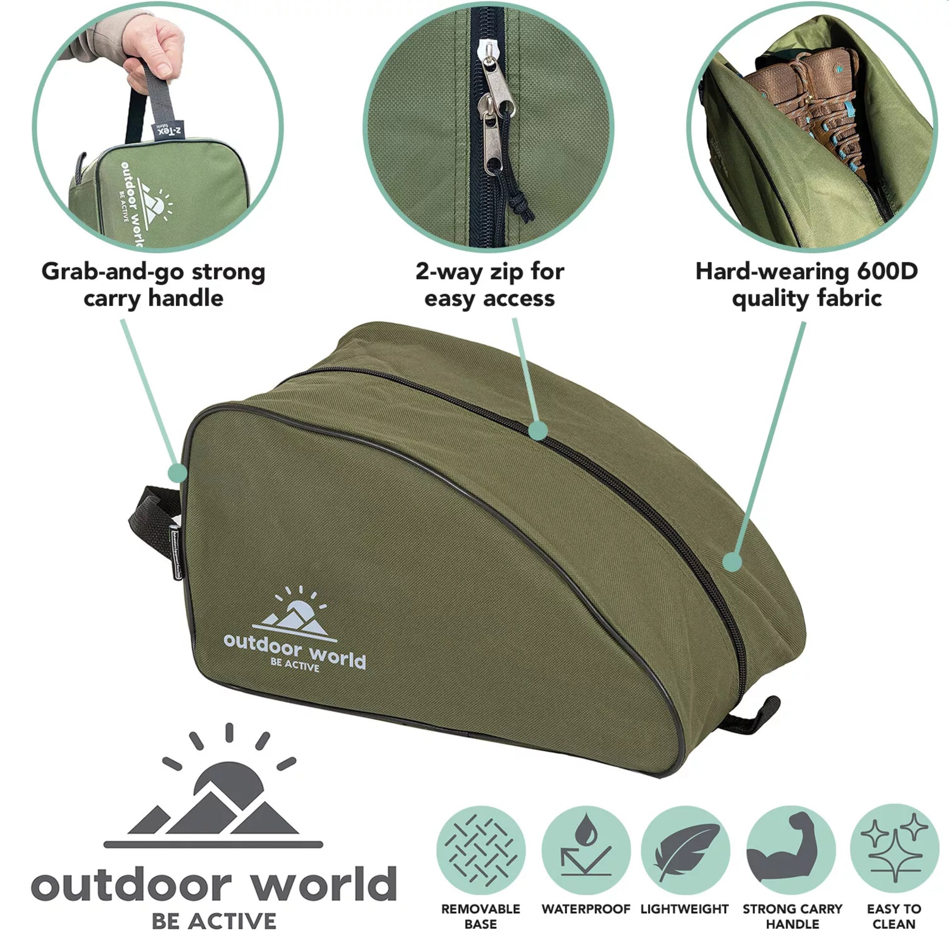 Outdoor World branded waterproof boot bag in olive with 2-way zip, strong carry handle, and durable 600D fabric – ideal for hiking, sports, and travel