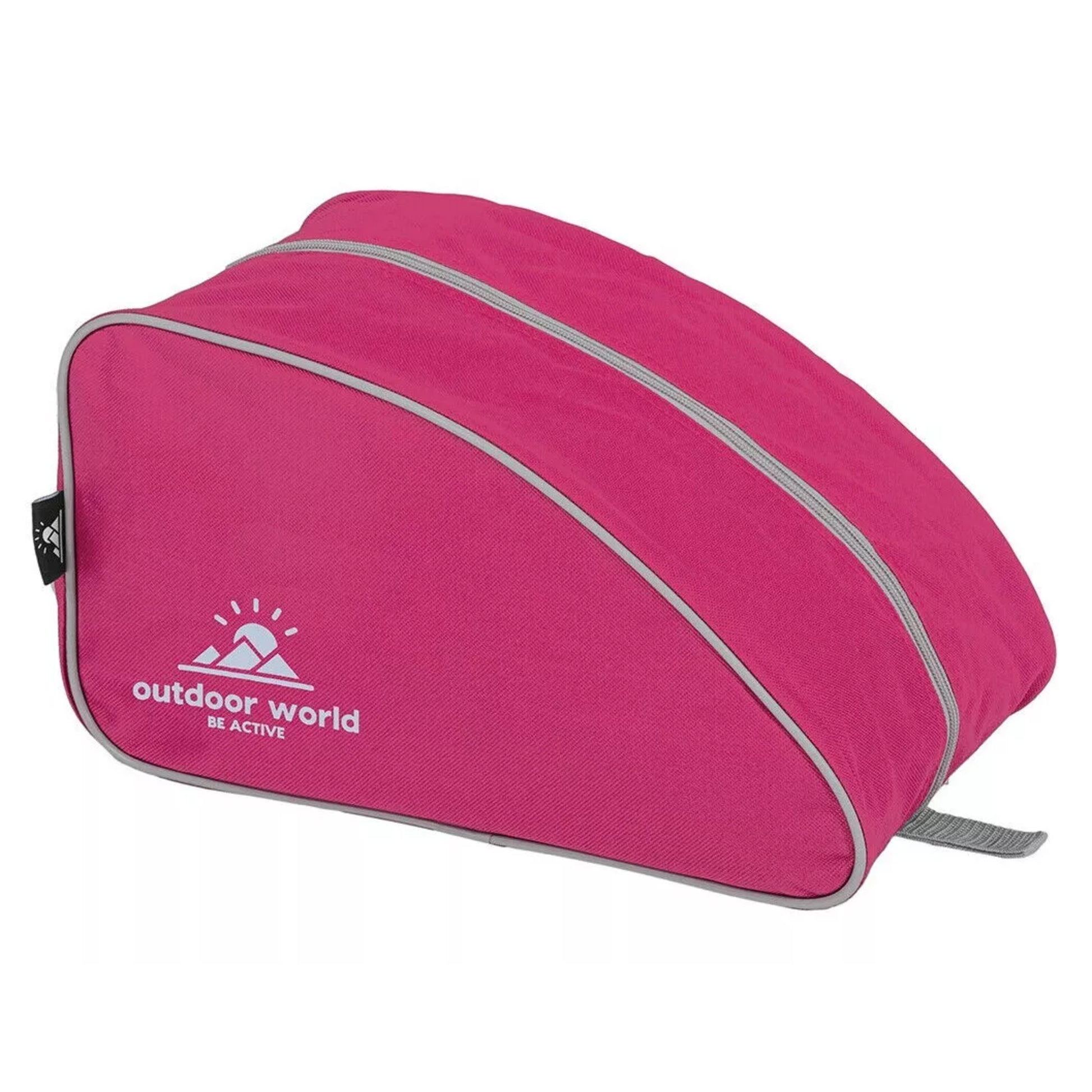 Outdoor World branded waterproof boot bag in pink with 2-way zip, strong carry handle, and durable 600D fabric – ideal for hiking, sports, and travel