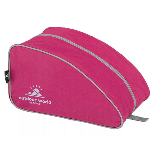 Outdoor World branded waterproof boot bag in pink with 2-way zip, strong carry handle, and durable 600D fabric – ideal for hiking, sports, and travel