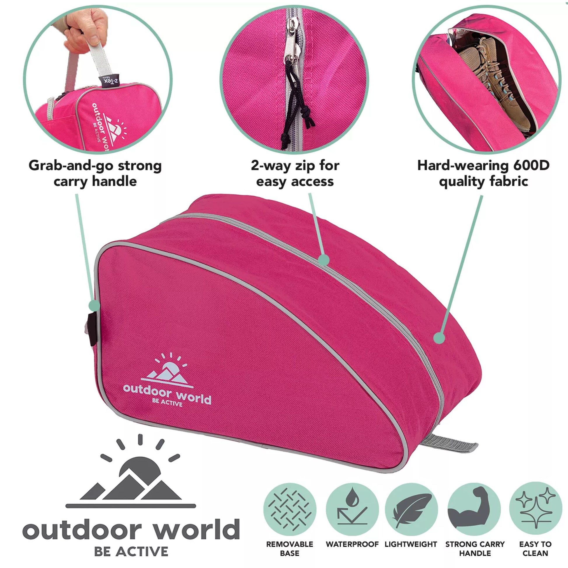 Outdoor World branded waterproof boot bag in pink with 2-way zip, strong carry handle, and durable 600D fabric – ideal for hiking, sports, and travel