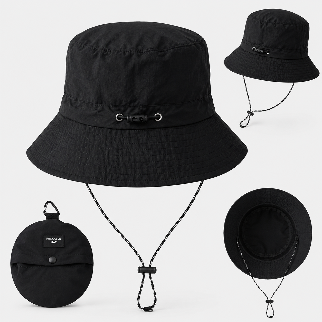 Lightweight packable outdoor bucket hat with adjustable chin strap and wide brim, shown in black, navy, grey, and khaki colour options on a clean white background.