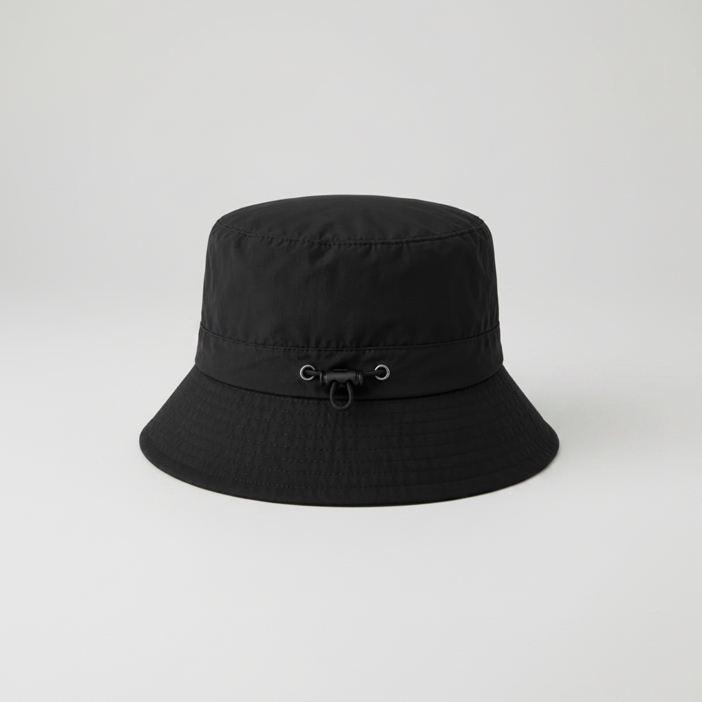 Lightweight packable outdoor bucket hat with adjustable chin strap and wide brim, shown in black, navy, grey, and khaki colour options on a clean white background.