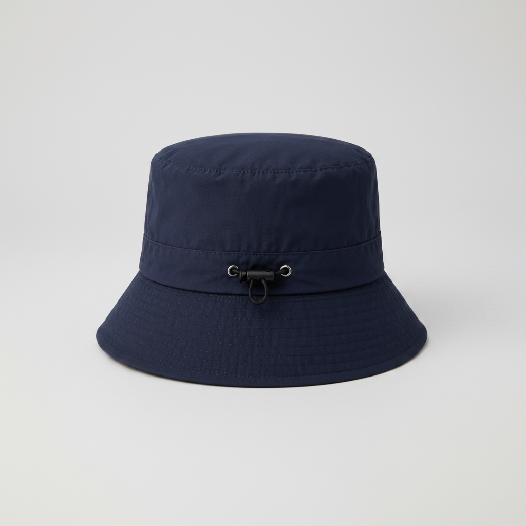 Lightweight packable outdoor bucket hat with adjustable chin strap and wide brim, shown in black, navy, grey, and khaki colour options on a clean white background.