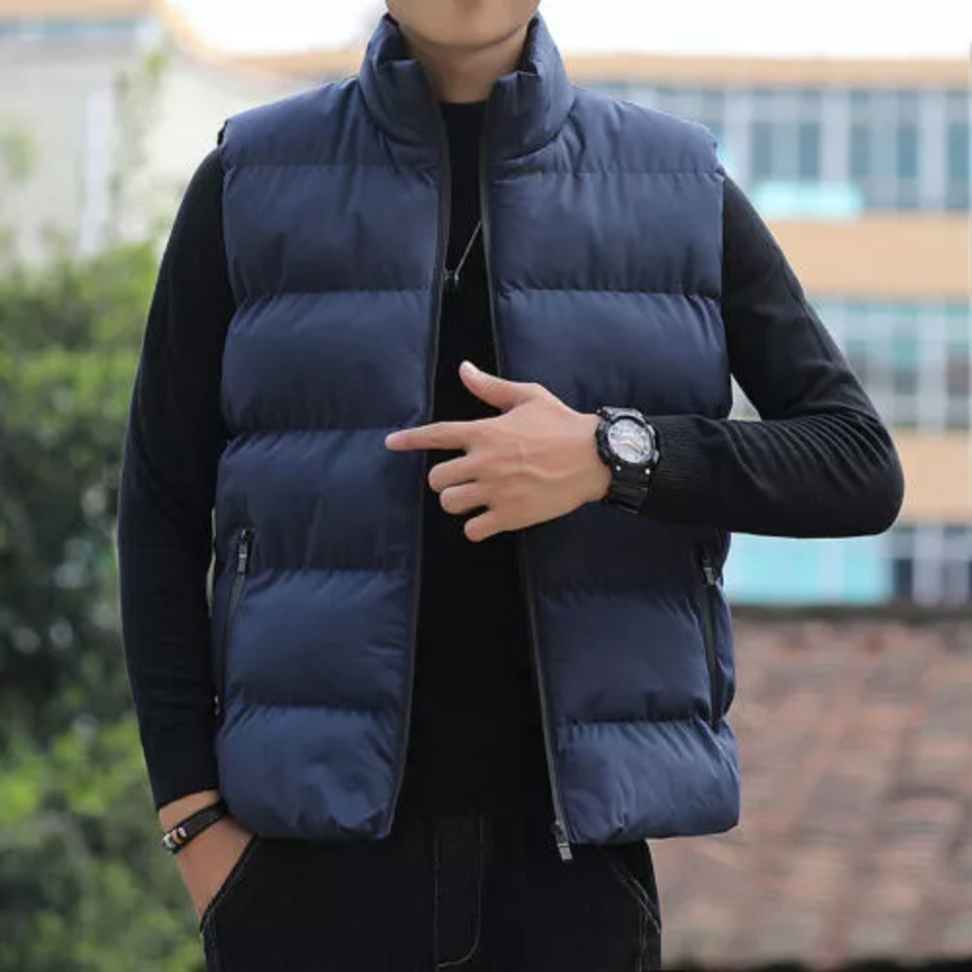 Men's Padded Body Warmer Gilet Navy Quilted Sleeveless Jacket with Zip Pockets