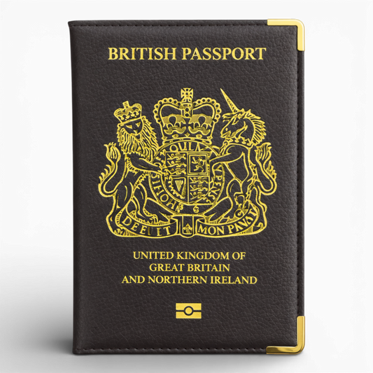 Add a touch of style to your travel essentials with this elegant British Passport Cover. Designed with a textured faux leather finish and stunning gold embossing, this cover features the iconic UK coat of arms and “BRITISH PASSPORT” detailing for a premium look.