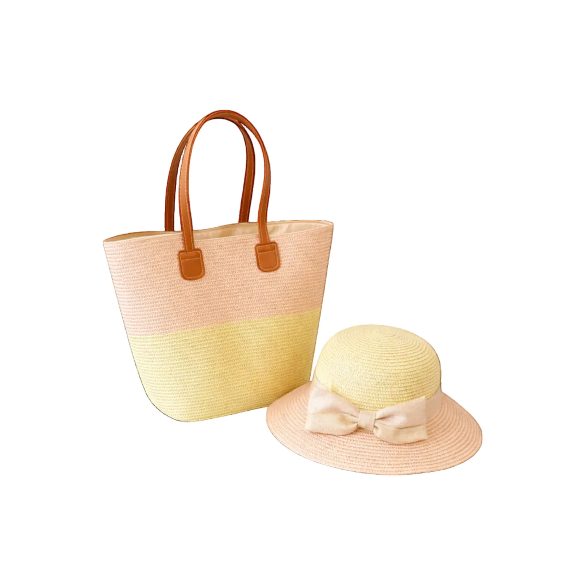 Women's summer straw hat and matching tote bag set in pastel colours for beach and holiday outfits