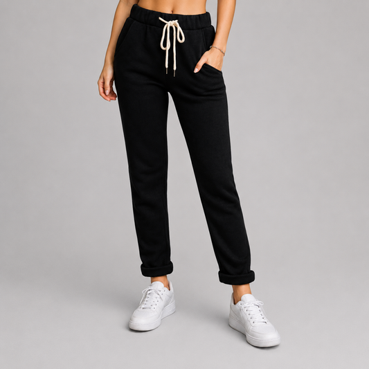Ladies Italian slim fit plain joggers with drawstring waist and pockets in black
