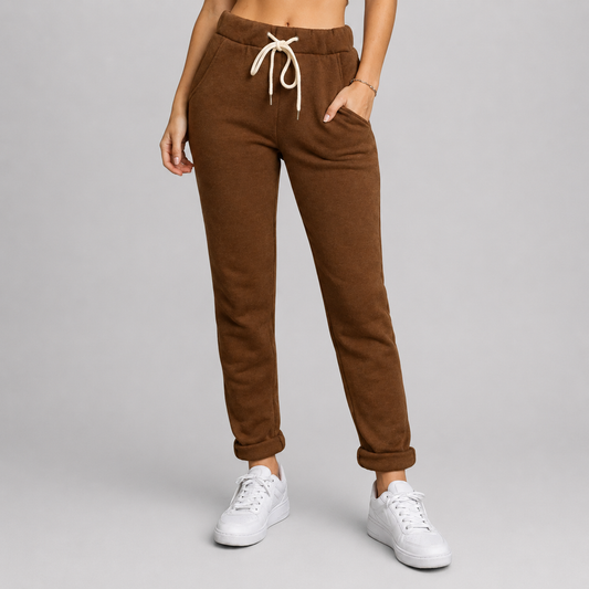 Ladies Italian slim fit plain joggers with drawstring waist and pockets in brown