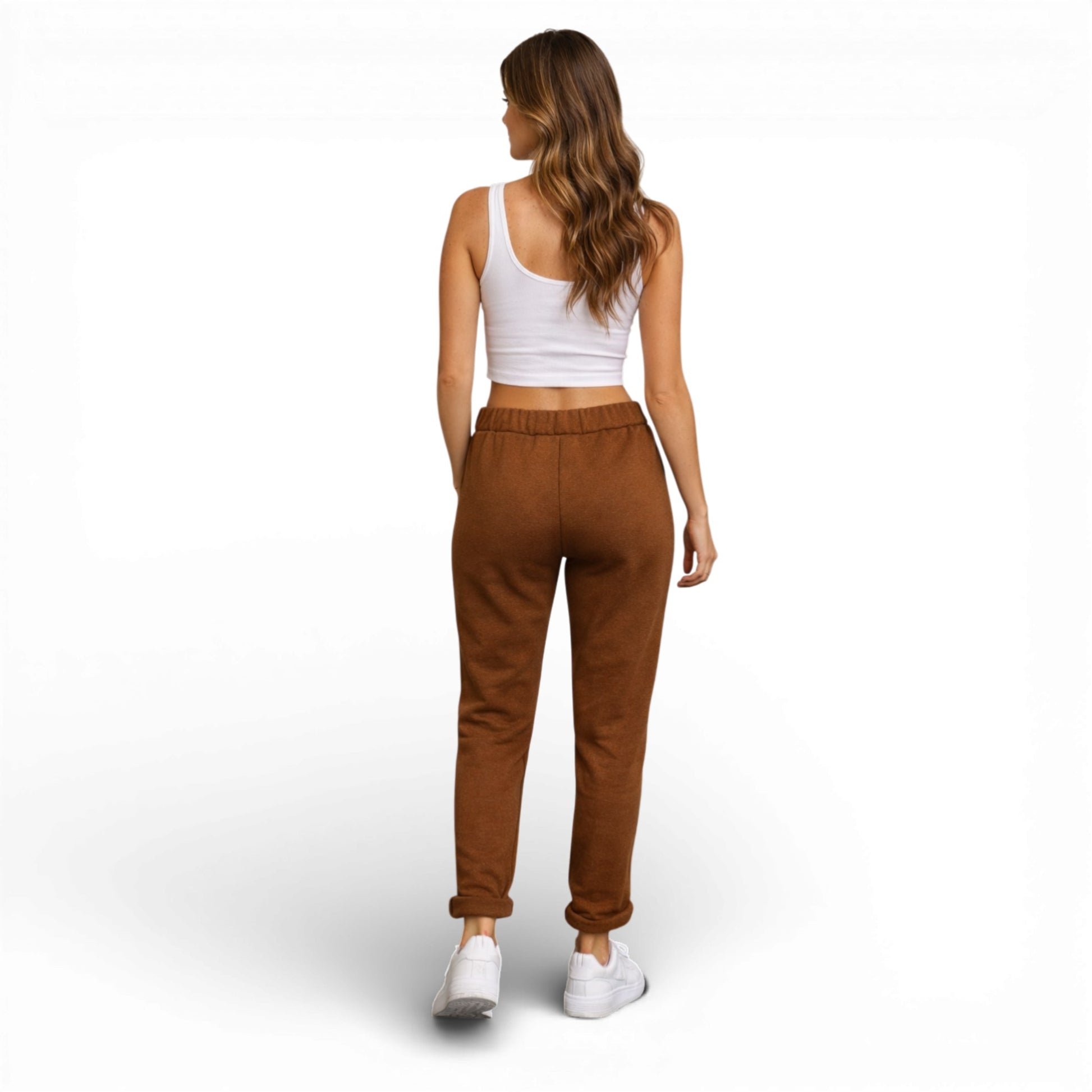 Ladies Italian slim fit plain joggers with drawstring waist and pockets in brown