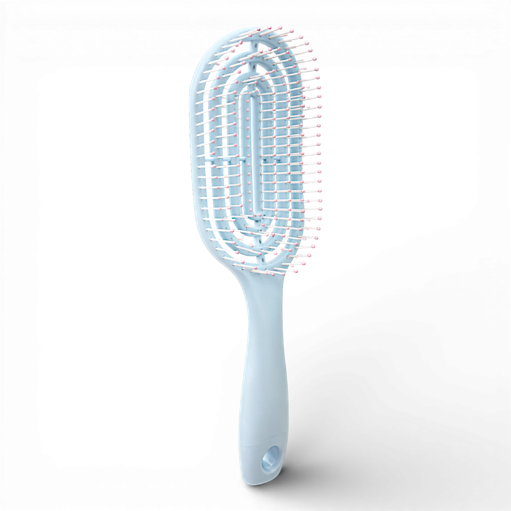 This light blue vented hair brush is designed for easy, gentle detangling and faster styling. Featuring flexible, ball-tipped bristles and a unique open design, it helps glide through knots with less pulling and reduced breakage.