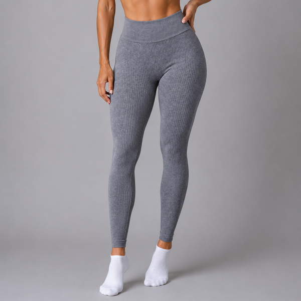 Ladies High Waisted Ribbed Leggings (Grey)