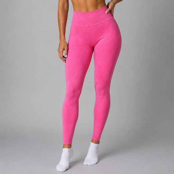 Ladies High Waisted Ribbed Leggings (Pink)