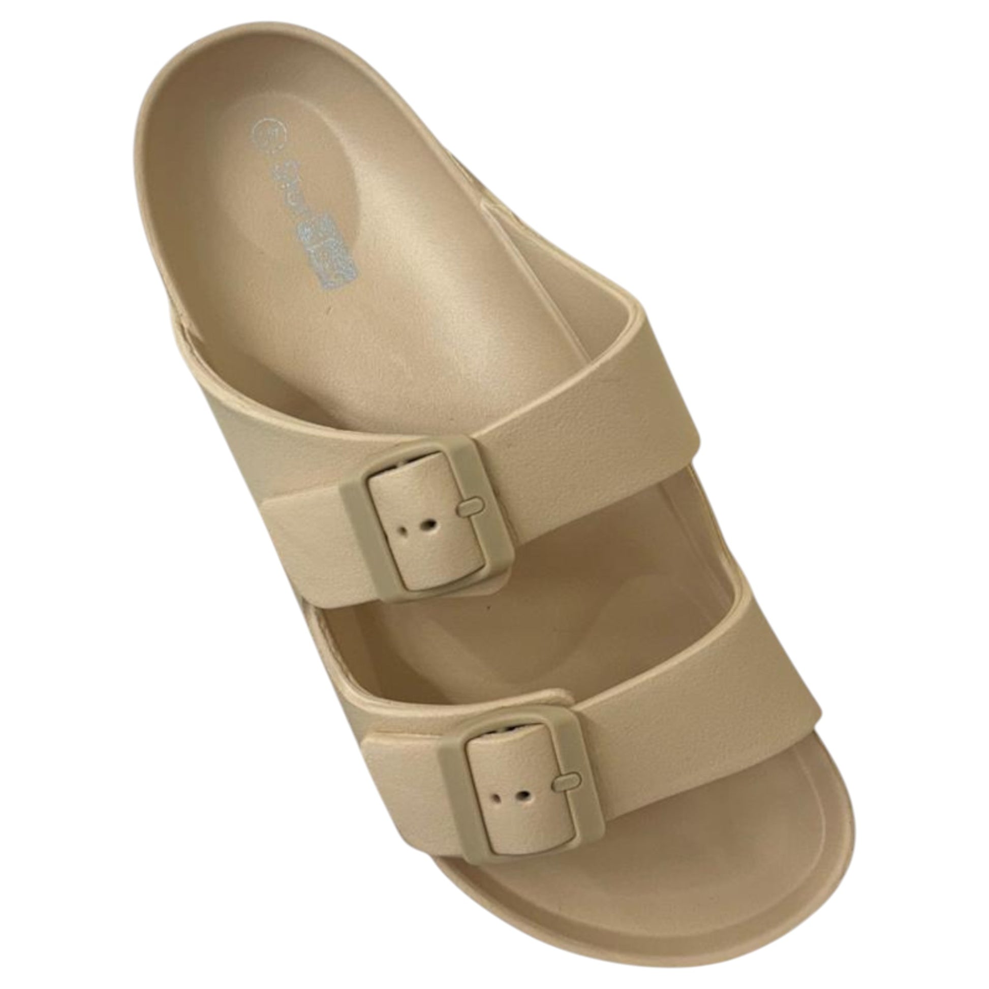 Beige Lightweight slip-on sandals with adjustable double buckle straps perfect for holiday's, beach and swimming pools