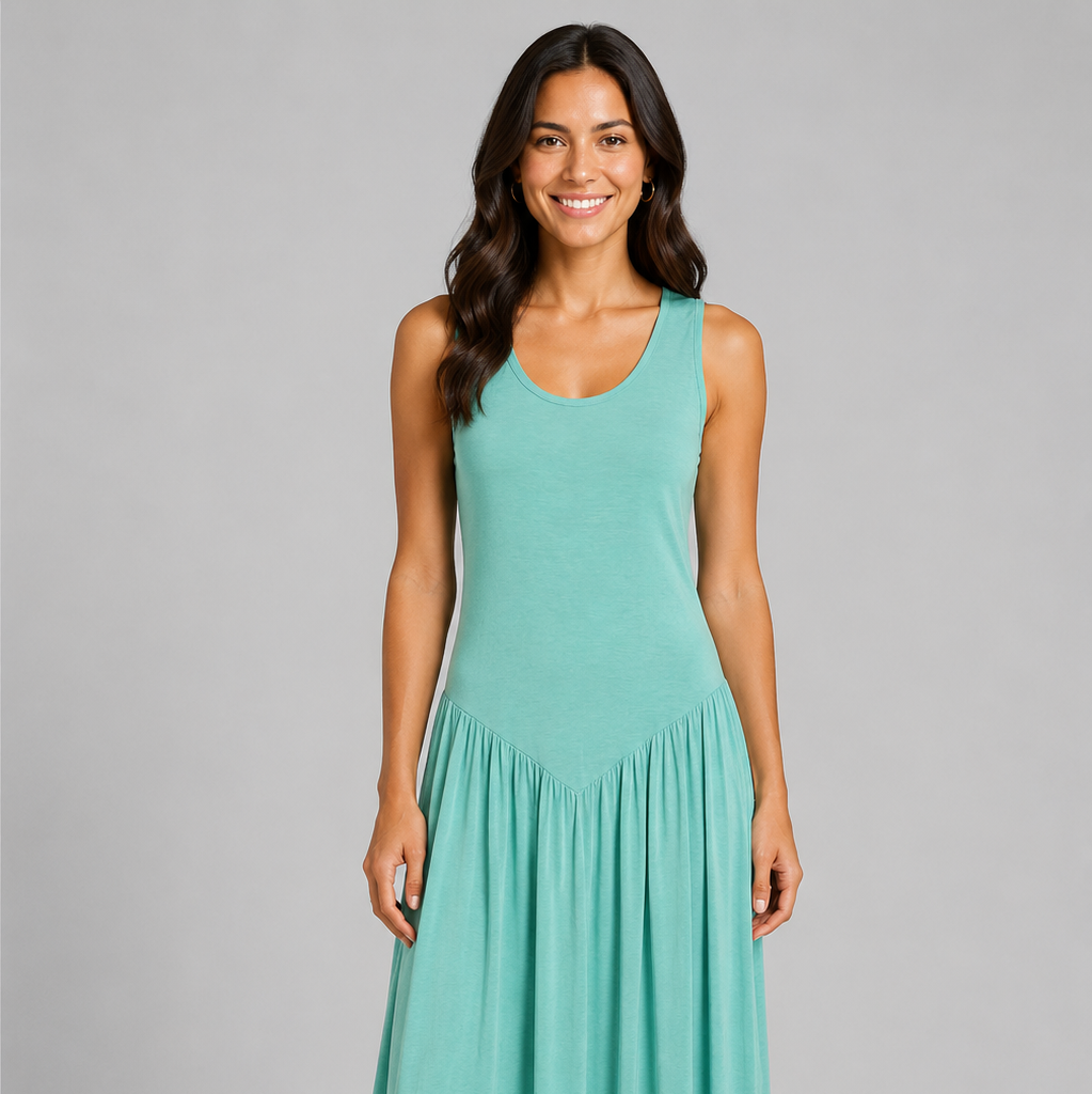 Women's sleeveless maxi dress featuring a scoop neckline, fitted bodice, and flowing gathered skirt. Shown in a soft brown jersey fabric with a relaxed silhouette and maxi length, styled on a model against a light grey studio background.